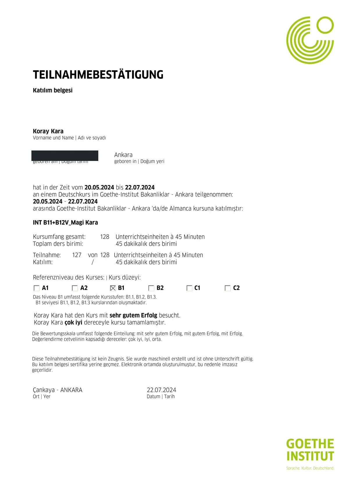 Scan mit geschwärzten personenbezogenen Daten: Deutschkurse A1, A2 und B1