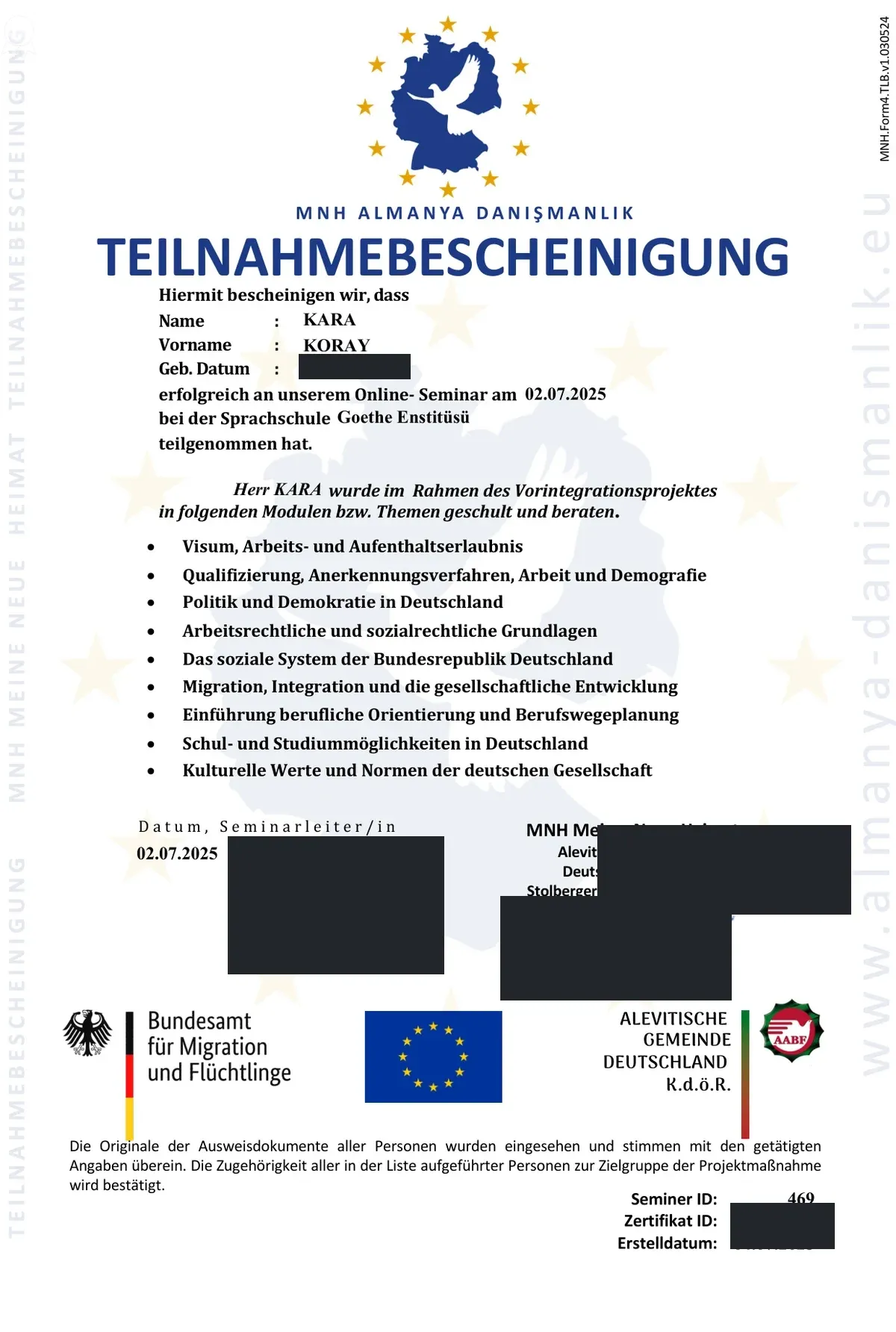 Scan mit geschwärzten personenbezogenen Daten: Vorintegrationsseminar „Meine Neue Heimat“
