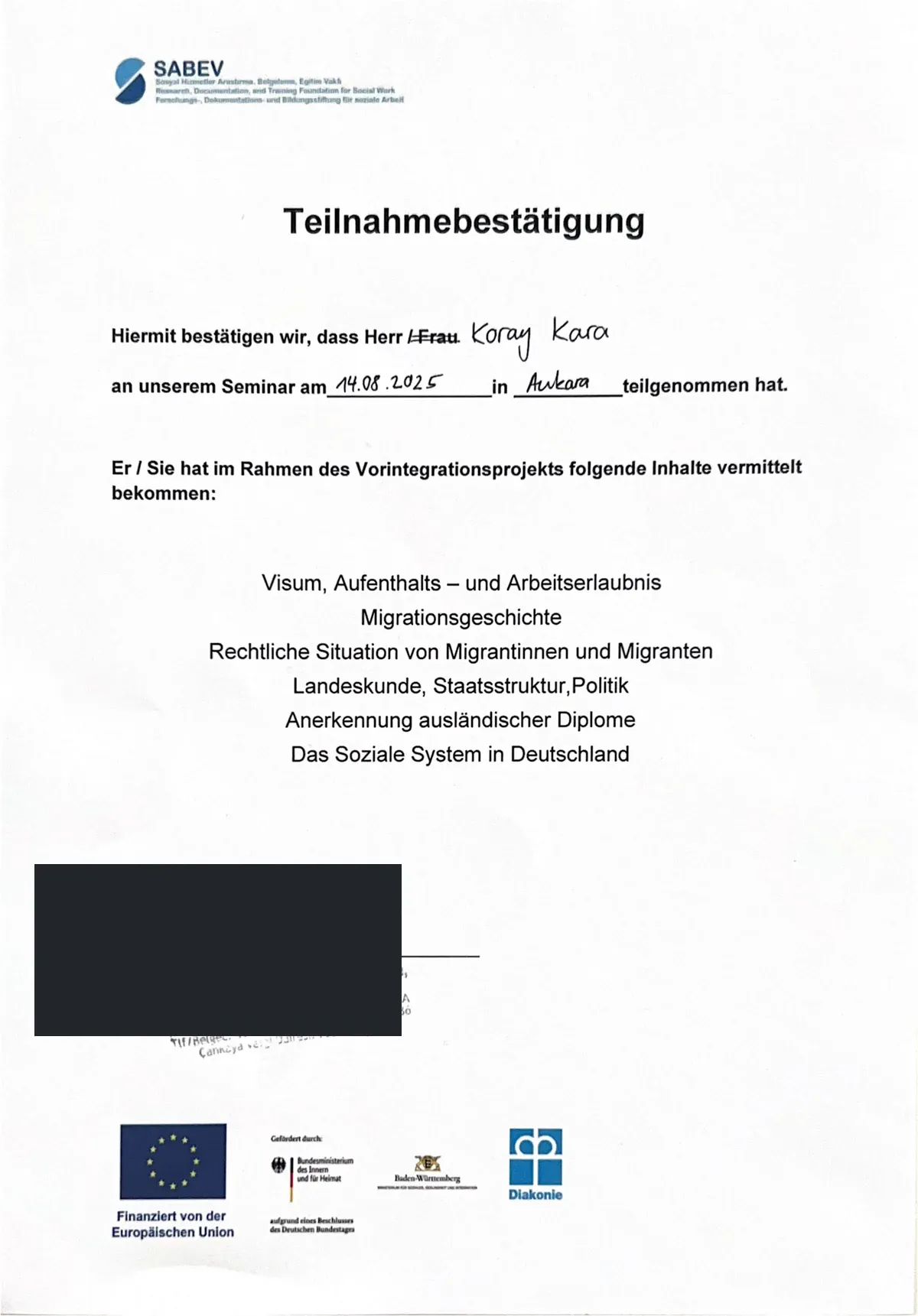 Scan mit geschwärzten personenbezogenen Daten: Vorintegrationsseminar „Vorbereitet und erfolgreich nach Deutschland“