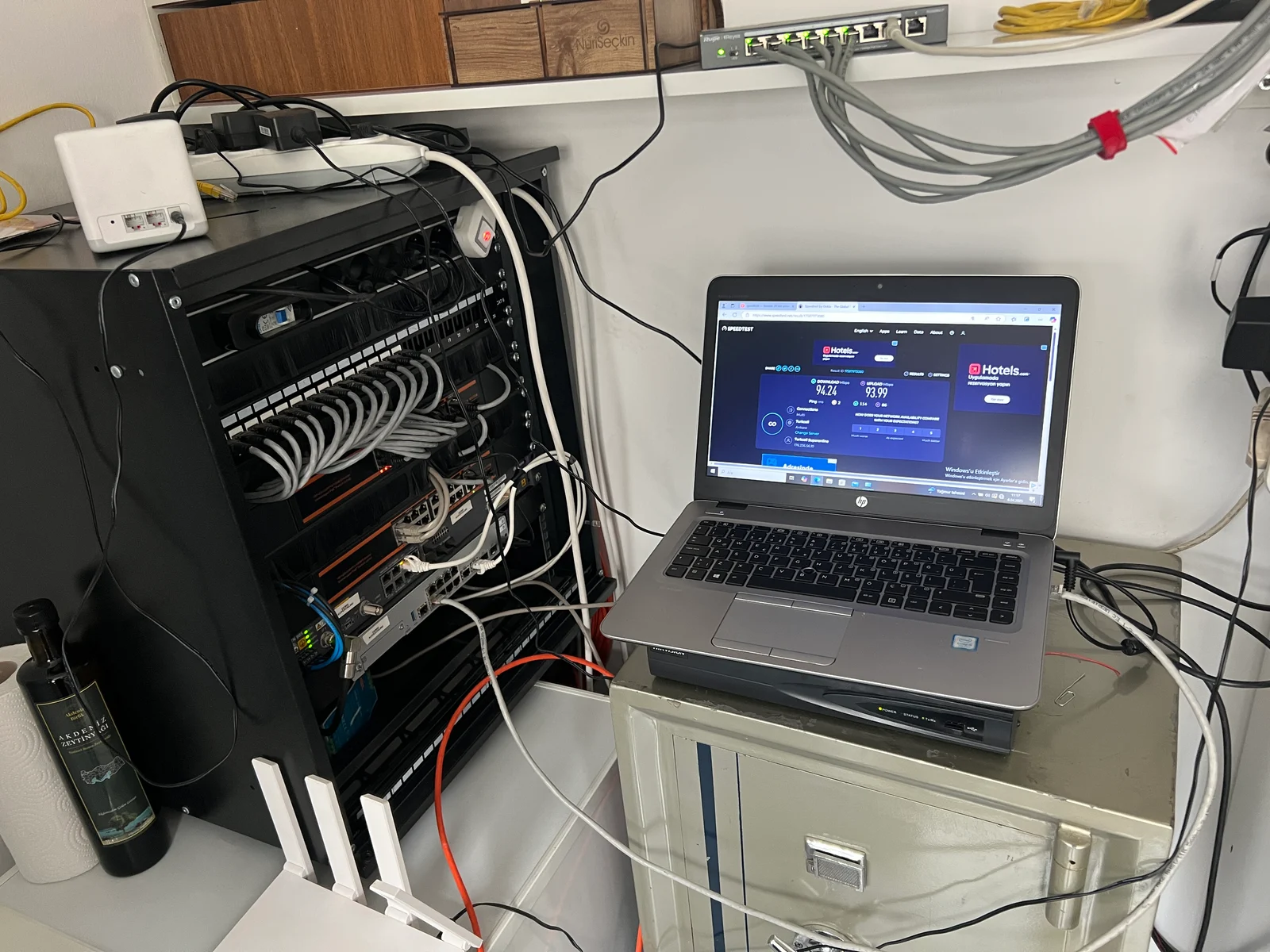 Network and server setup with a monitoring dashboard on the laptop