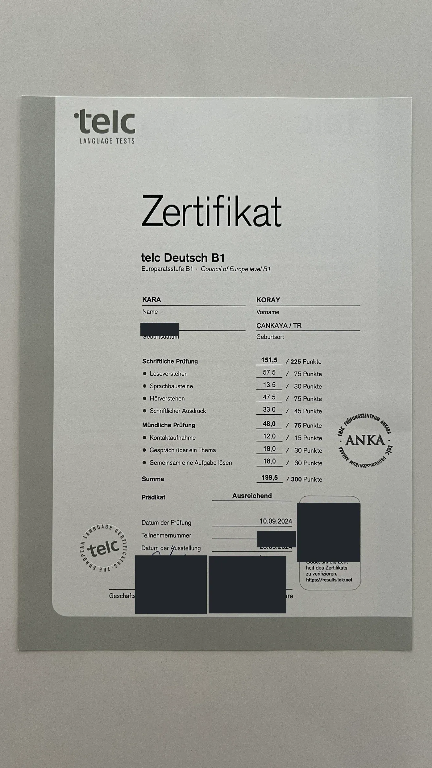 Scan mit geschwärzten personenbezogenen Daten: telc Deutsch B1