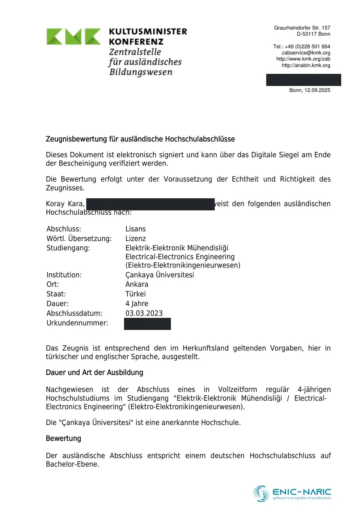 Scan mit geschwärzten personenbezogenen Daten: ZAB-Zeugnisbewertung